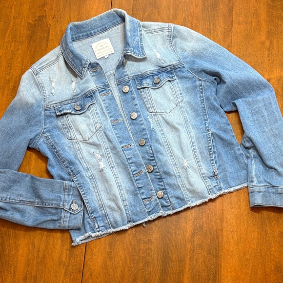 Enjean Jackets & Blazers - Engean Light Blue Distressed Denim Jacket, M